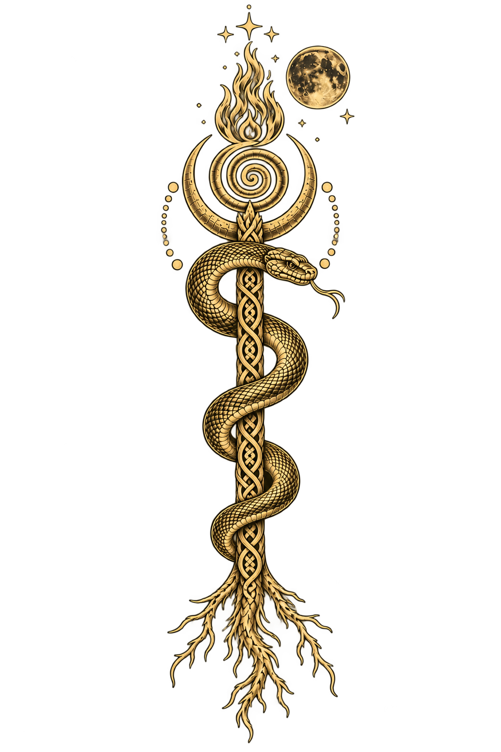 Lisa Doreen’s personal symbol: a rooted staff, snake, flame and moon